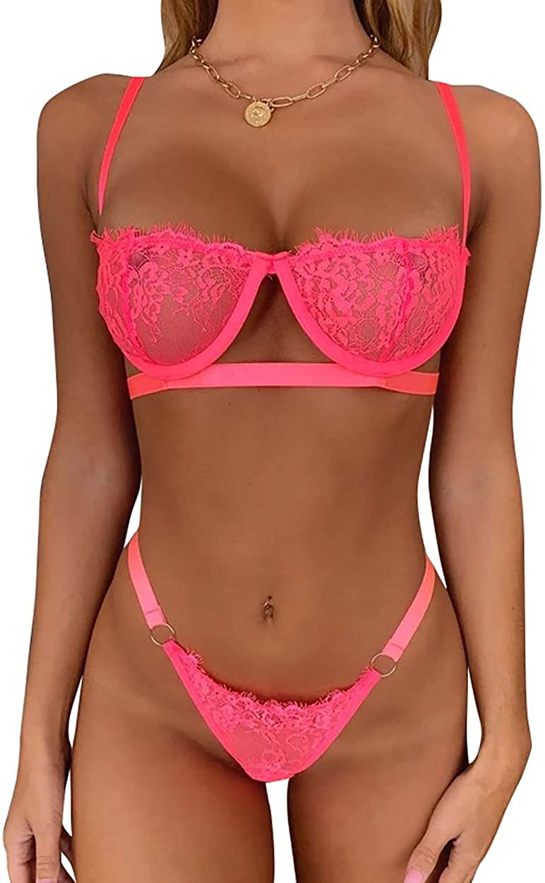 Price:$13.99 Lingerie Bra Panties for Women Lace Bralette Underwire Eyelash Mini Bra Set at Amazon Women’s Clothing store