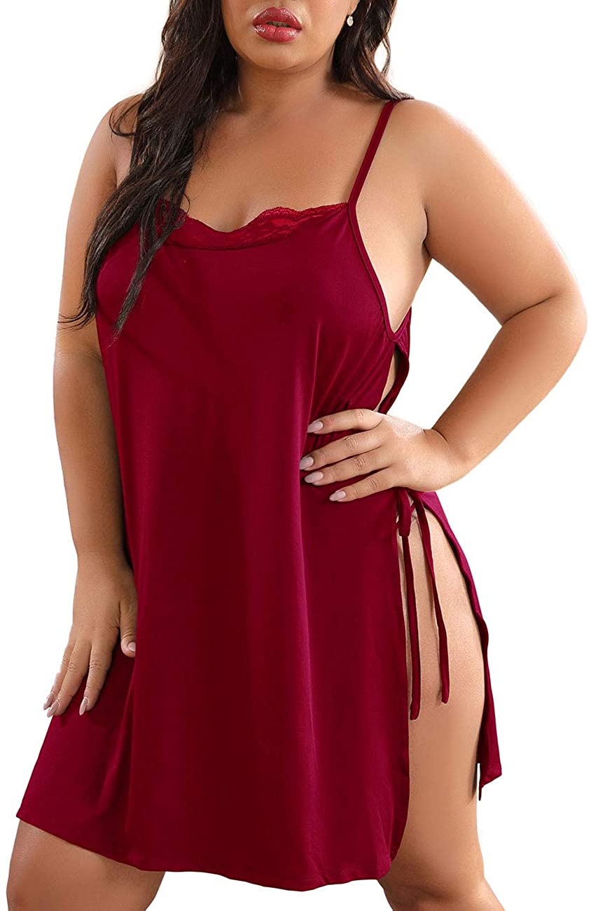 Price:$2.99 XAKALAKA Women Plus Size Lace Babydoll Lingerie Side Slit Strappy Chemise Sleepwear at Amazon Women’s Clothing store