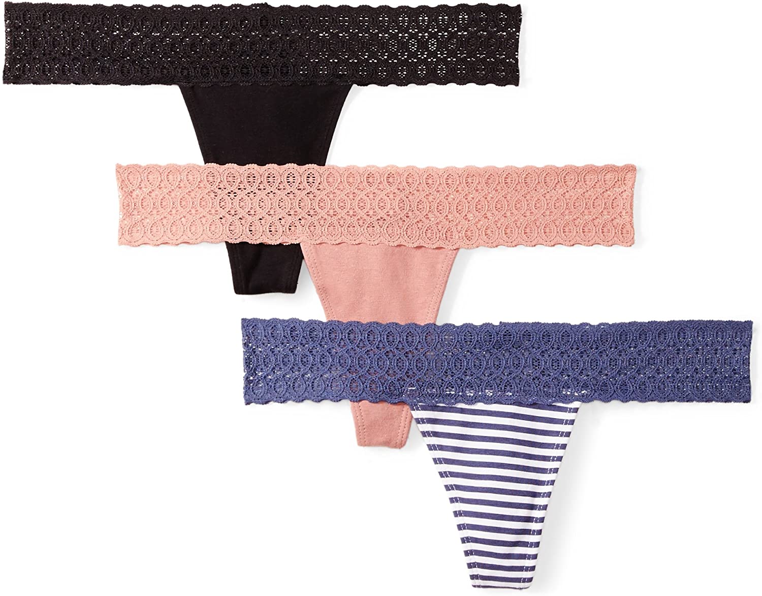 Price:$15.00    Amazon Brand - Mae Women's Lace Waistband Cotton Thong Underwear, 3 Pack  Clothing