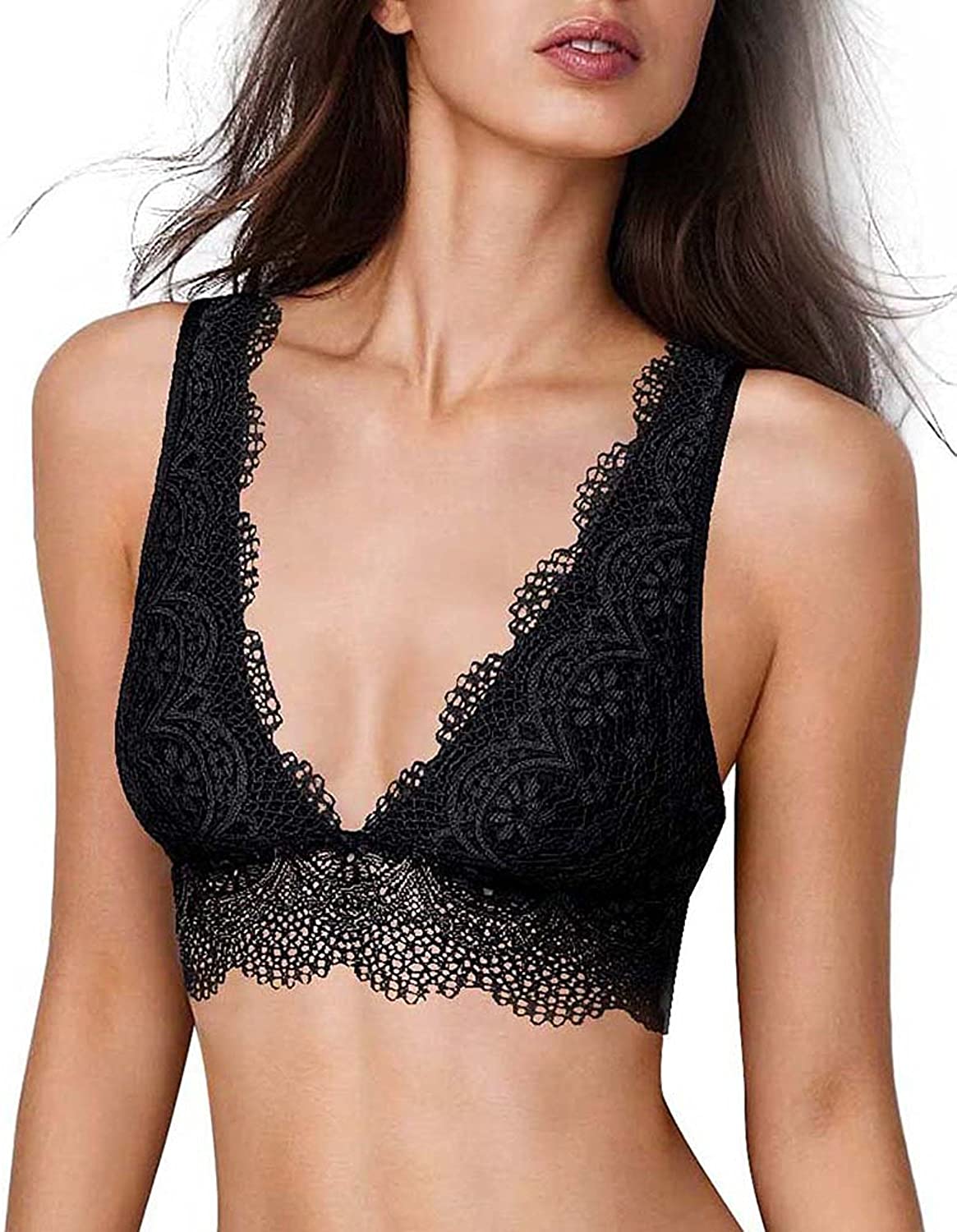 Price:$14.99 YIANNA Lace Bralette, Women's Deep V Neck Unpadded Lace Long Line Plunge Bralette Bra at Amazon Women’s Clothing store