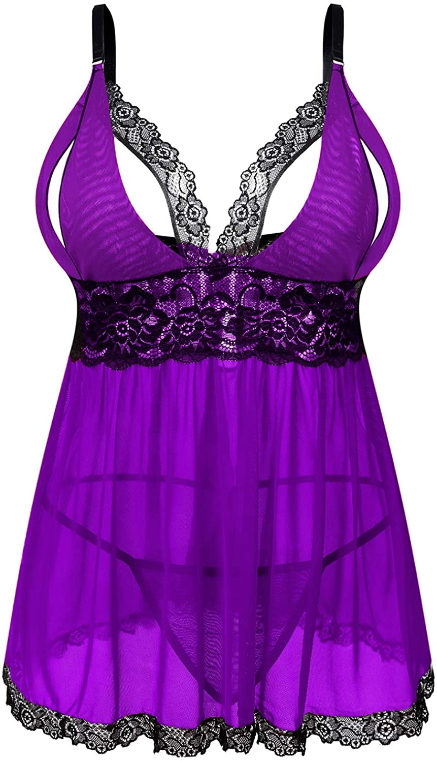 Price:$12.99 Donnalla Women's Sexy Plus Size Lingerie - Split Cup Lace Babydoll Sleepwear Chemise Set 2XL, 3XL, 4XL at Amazon Women’s Clothing store