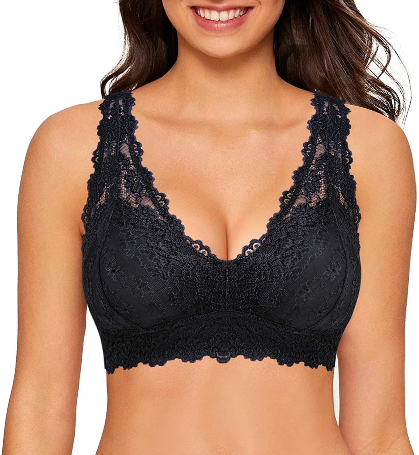 Price:$12.99 Rolewpy Lace Bralettes for Women Padded Racerback Bra Wirefree Lingerie Top Casual Camisole Bustier (Black, Medium) at Amazon Women’s Clothing store