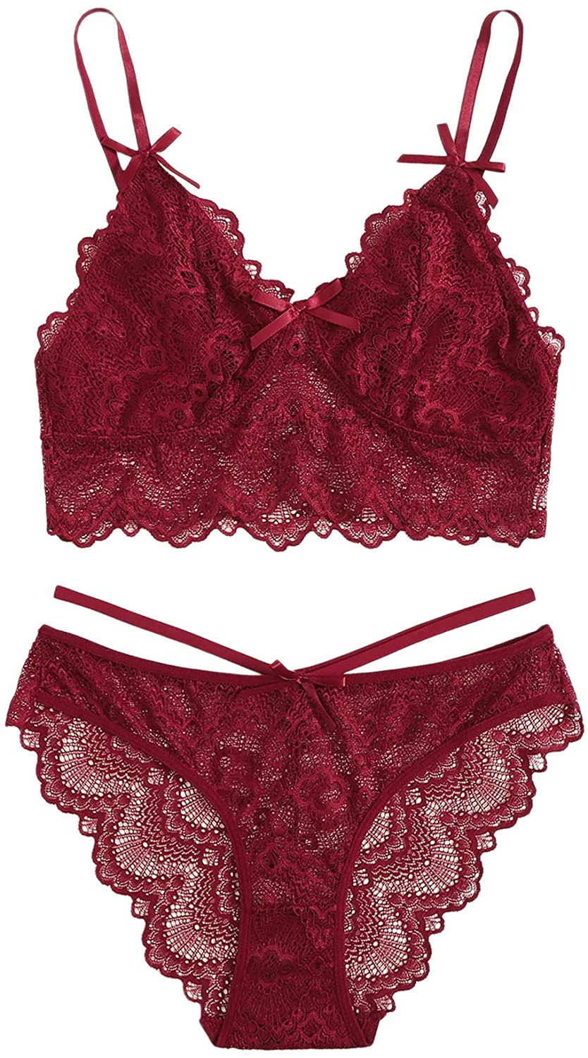 Price:$13.99 WDIRARA Women's 2 Piece Sexy Floral Lace Frill Trim Spaghetti Strap Lingerie Set |  