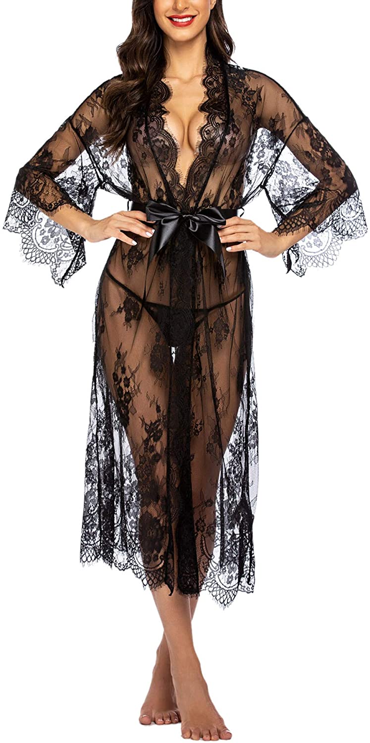 Price:$19.99 Avidlove Women's Long Lace Kimono Robe Babydoll Lingerie Mesh Nightgown Black at Amazon Women’s Clothing store