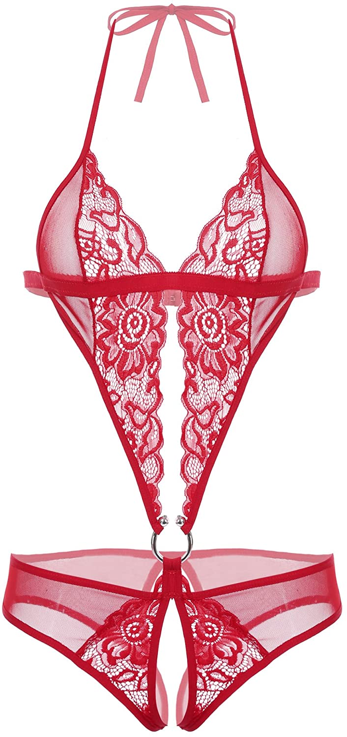 Price:$13.99 ADOME Women Teddy Lingerie Deep V Halter One Piece Babydoll Mini Lace Bodysuit S~XXL at Amazon Women’s Clothing store
