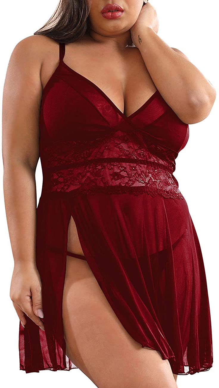 Price:$12.99 XAKALAKA Women's Plus Size Lingerie Babydoll Front Slit Lace Mesh Chemise Sleepwear at Amazon Women’s Clothing store