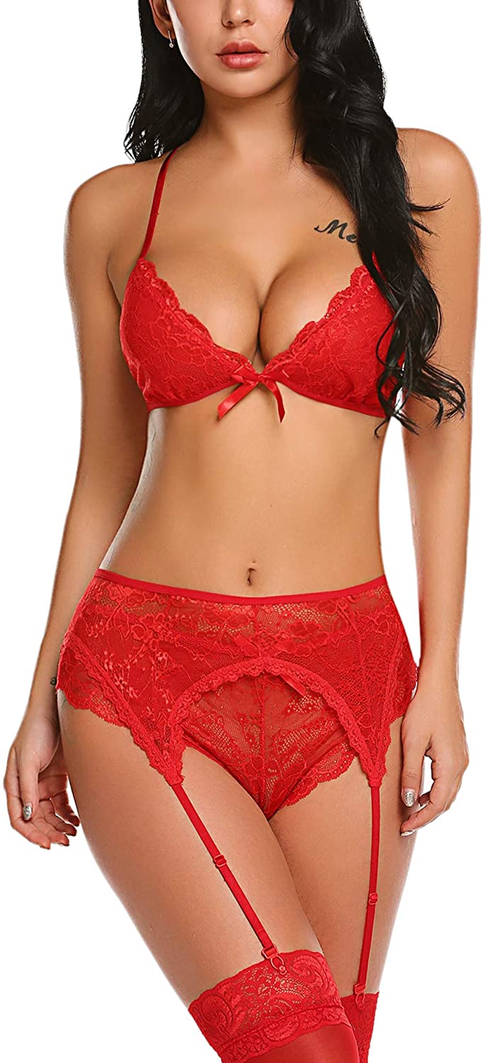 Price:$16.99    ADOME Women Lace Lingerie Set with Garter Belts Strap Babydoll V Neck Bodysuit  Clothing