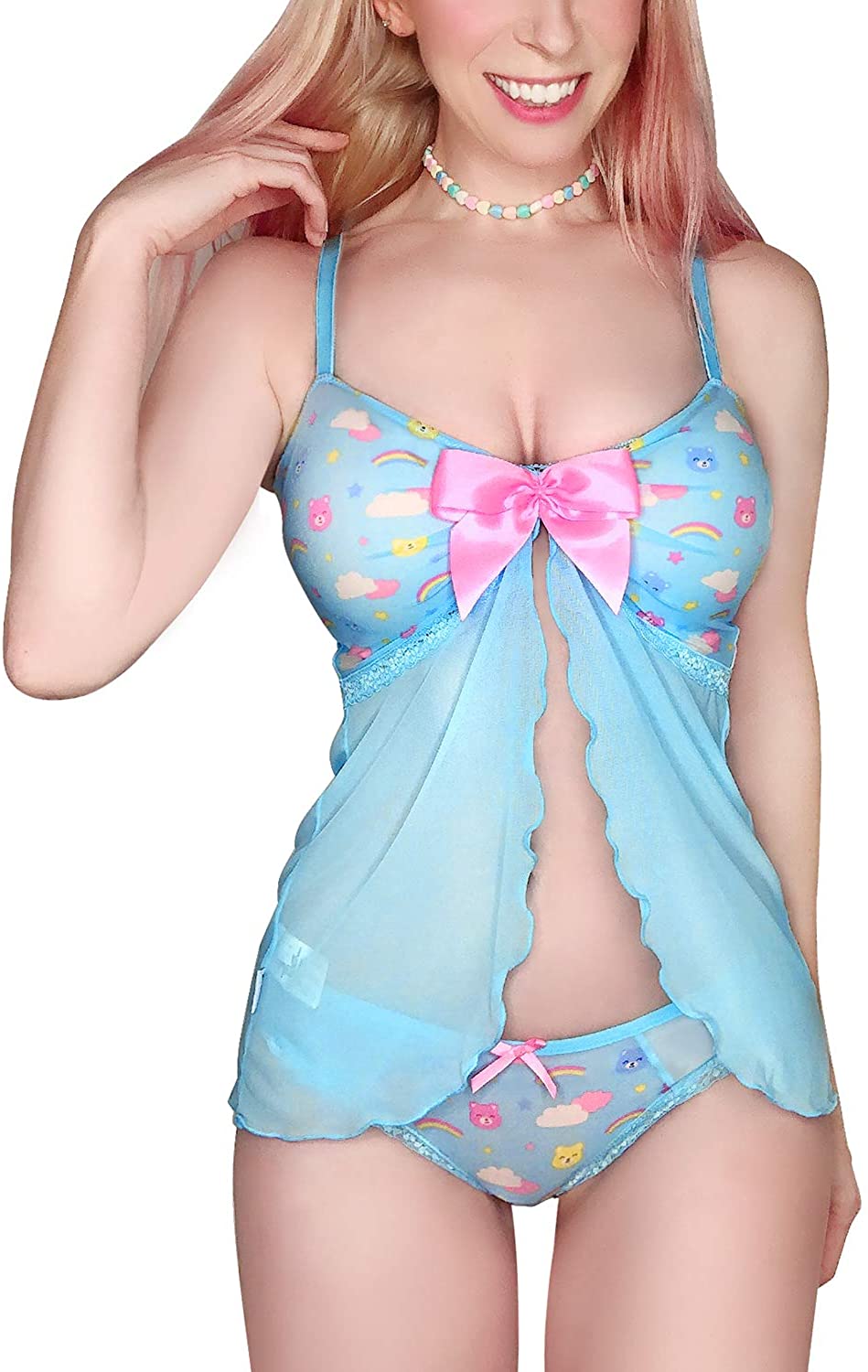 Price:$25.99 Littleforbig Women Nightwear Lace Babydoll Strap Chemise Halter Lingerie V Neck Sleepwear-Teddy Friends L Blue at Amazon Women’s Clothing store
