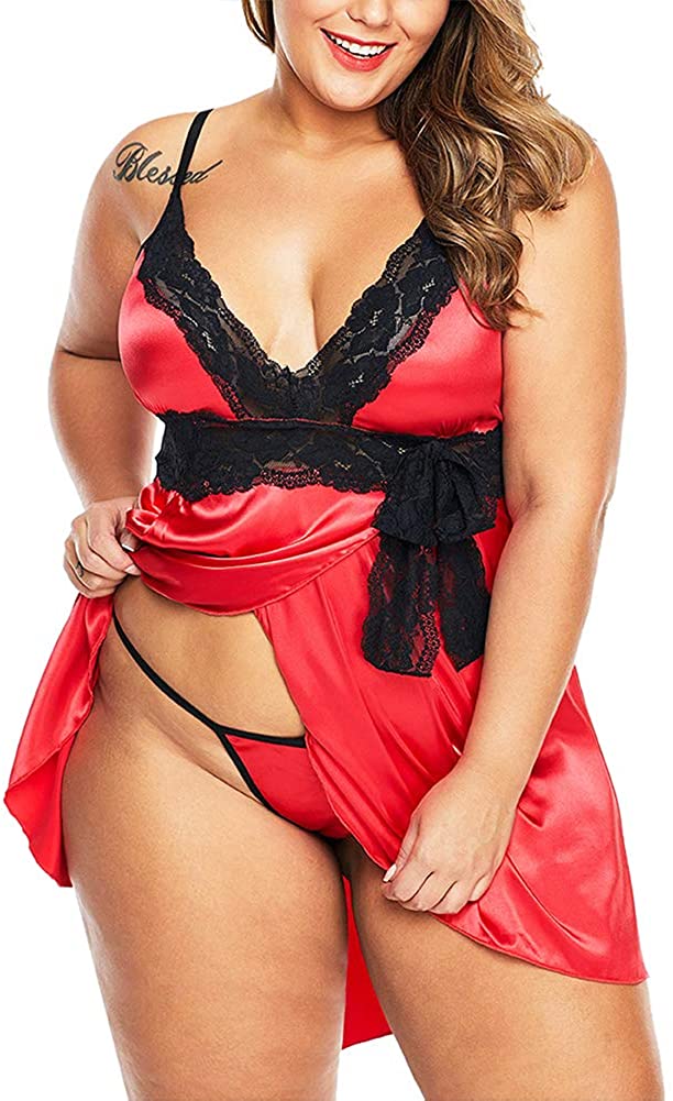 Price:$12.99 XAKALAKA Women Plus Size Lace Lingerie Babydoll Front Slit Satin Chemise Sleepwear at Amazon Women’s Clothing store