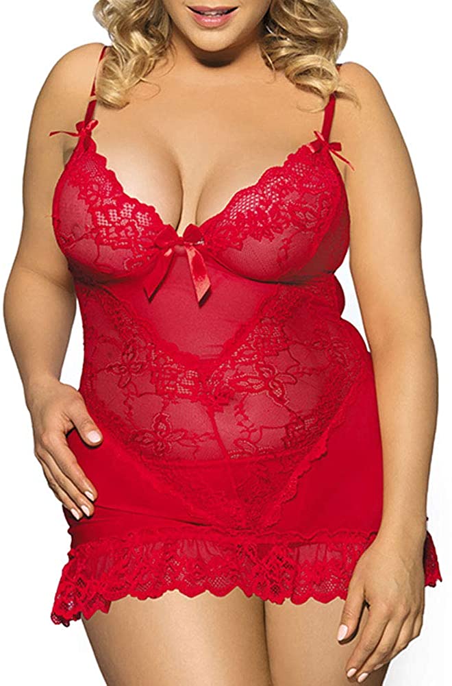 Price:$12.99 XAKALAKA Women Plus Size Lingerie Sets Stretchy Lace Lingerie Chemise Nightwear M-7XL Red 3XL at Amazon Women’s Clothing store