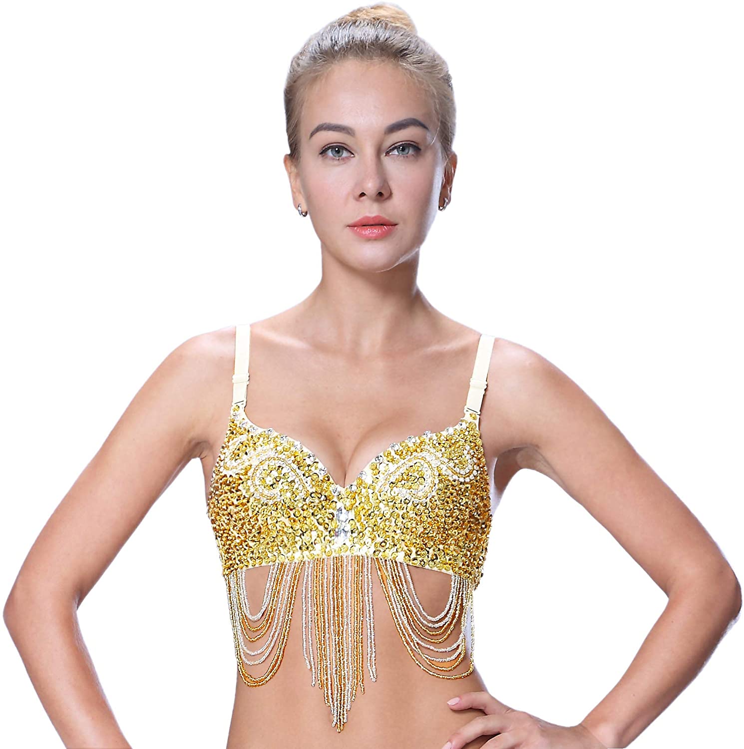 Price:$18.99 Seawhisper Tribal Glitter Sparkle Rhinestone Belly Dance Beaded Sequined Bra Top for Rave Cabaret Party at Amazon Women’s Clothing store
