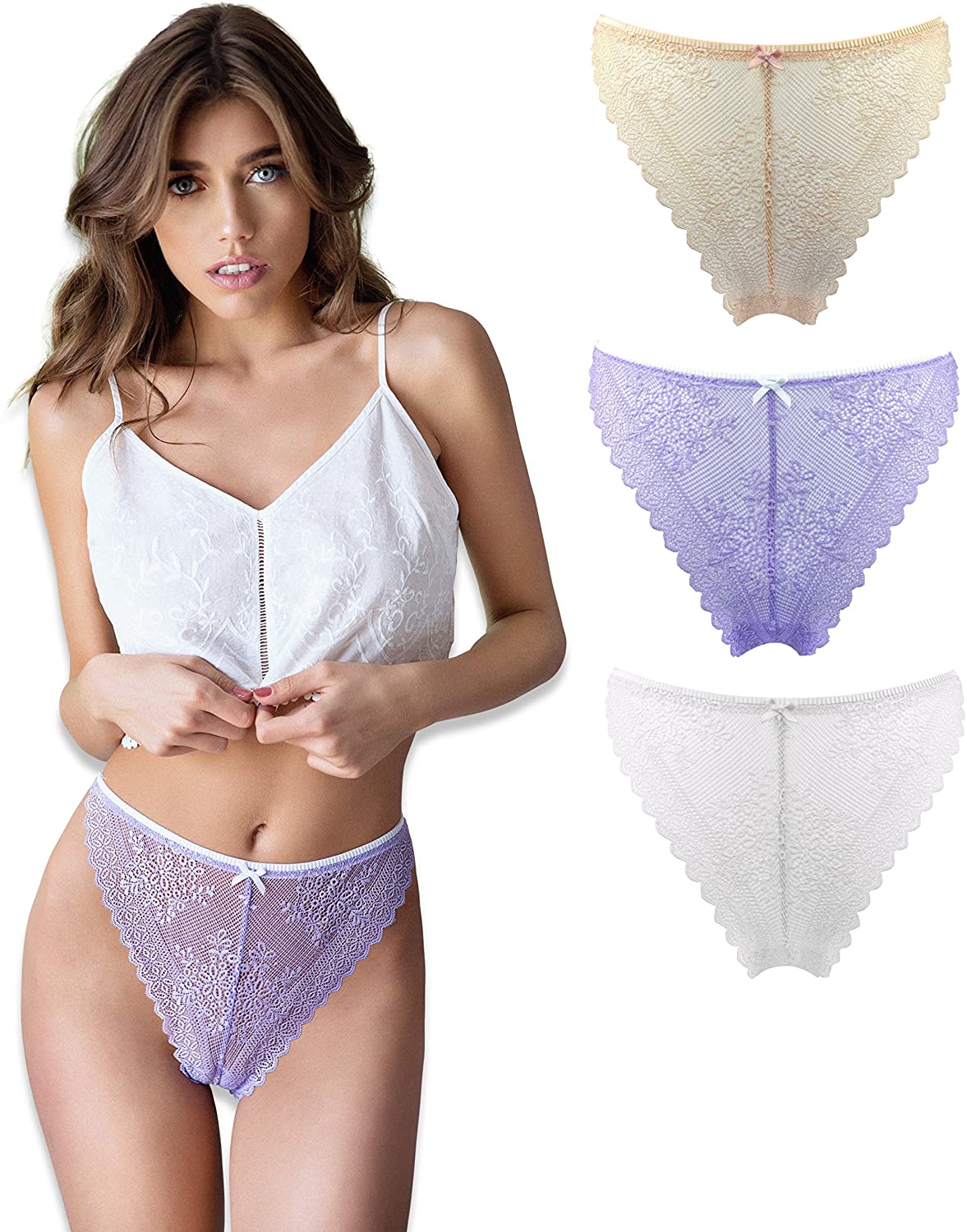 Price:$7.99    Sexy Basics Women's 3 Pack Hi-Leg Brazilian Thong Lace Panties Active Underwear  Clothing