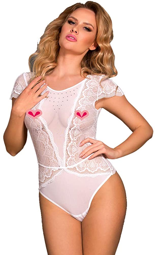Price:$9.99    SUNSPICE Sexy One Piece Floral Lace Teddy and Mesh V-Back Bodysuit Lingerie Set for Women Plus Size  Clothing