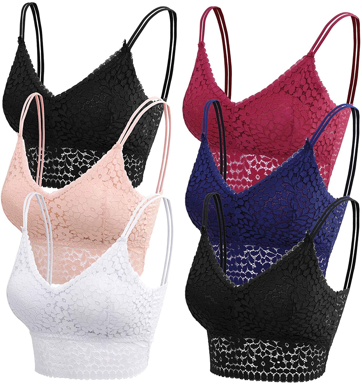Price:$16.99 URATOT 6 Pieces Lace Bralettes for Women Girls Lace Daily Cami Bra with Removable Pads at Amazon Women’s Clothing store