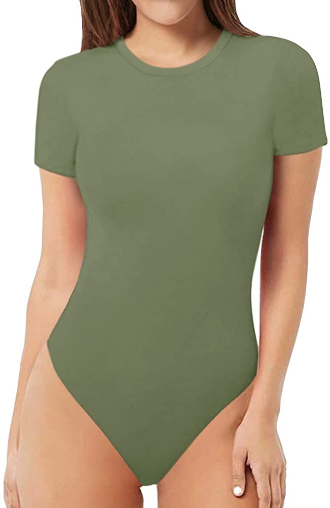 Price:$8.98    MANGOPOP Women's Round Neck Short Sleeve T Shirts Basic Bodysuits  Clothing