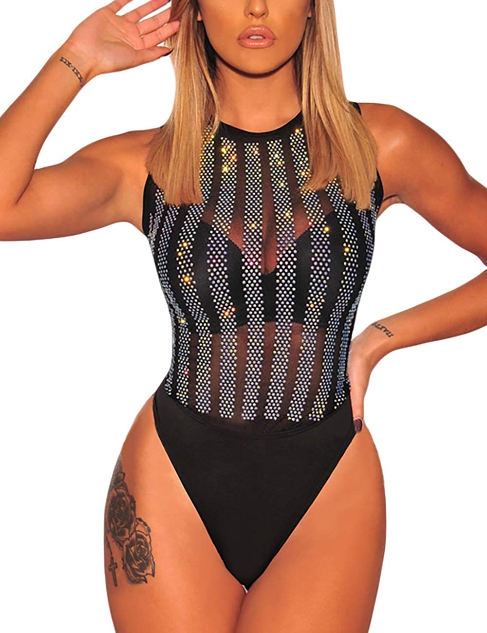 Price:$19.99 Lrady Eiffel Women's High Neck Sheer Mesh Sleeveless Black Bodysuit Tank Top at Amazon Women’s Clothing store