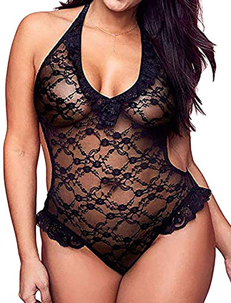 Price:$14.88    Sexy Lace Halter Neck Cutout Teddy Deep V Plunge Ruffle Detail Trim Lingerie  Clothing