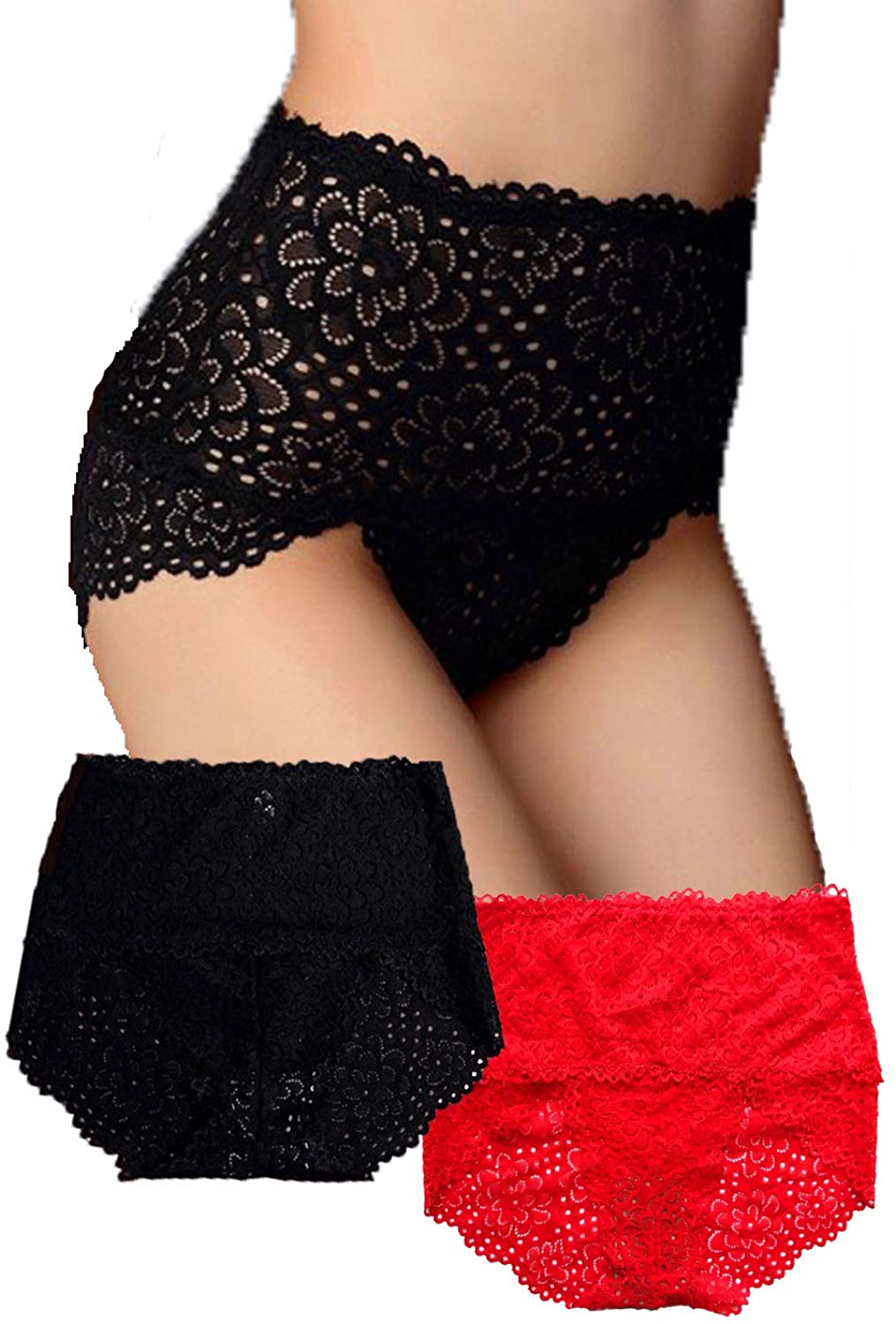 Price:$9.99 Smoonsear's Feel High Waisted Bikini Panties Cheeky Lace Underwear 2-Pack for Women US Size 5 6 7 Black Red at Amazon Women’s Clothing store