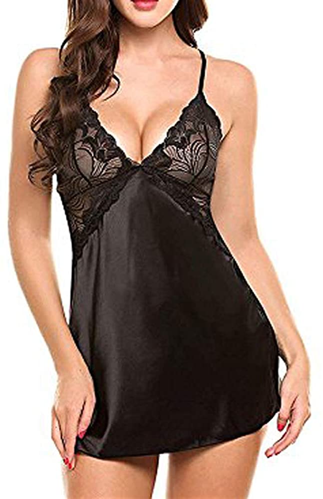 Price:$12.98    QuneusHot Women Babydoll Dress Camisole Lingerie Pajamas Nightgown Satin Silk Lace Cross Back  Clothing