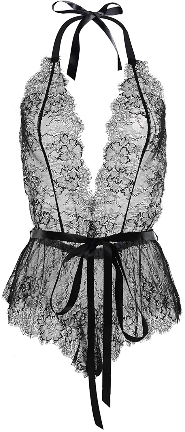 Price:$17.88 Garmol Women Open Back Halter Deep-V Eyelash Lace Teddy Bodysuit Lingerie (X-Large, Black) at Amazon Women’s Clothing store
