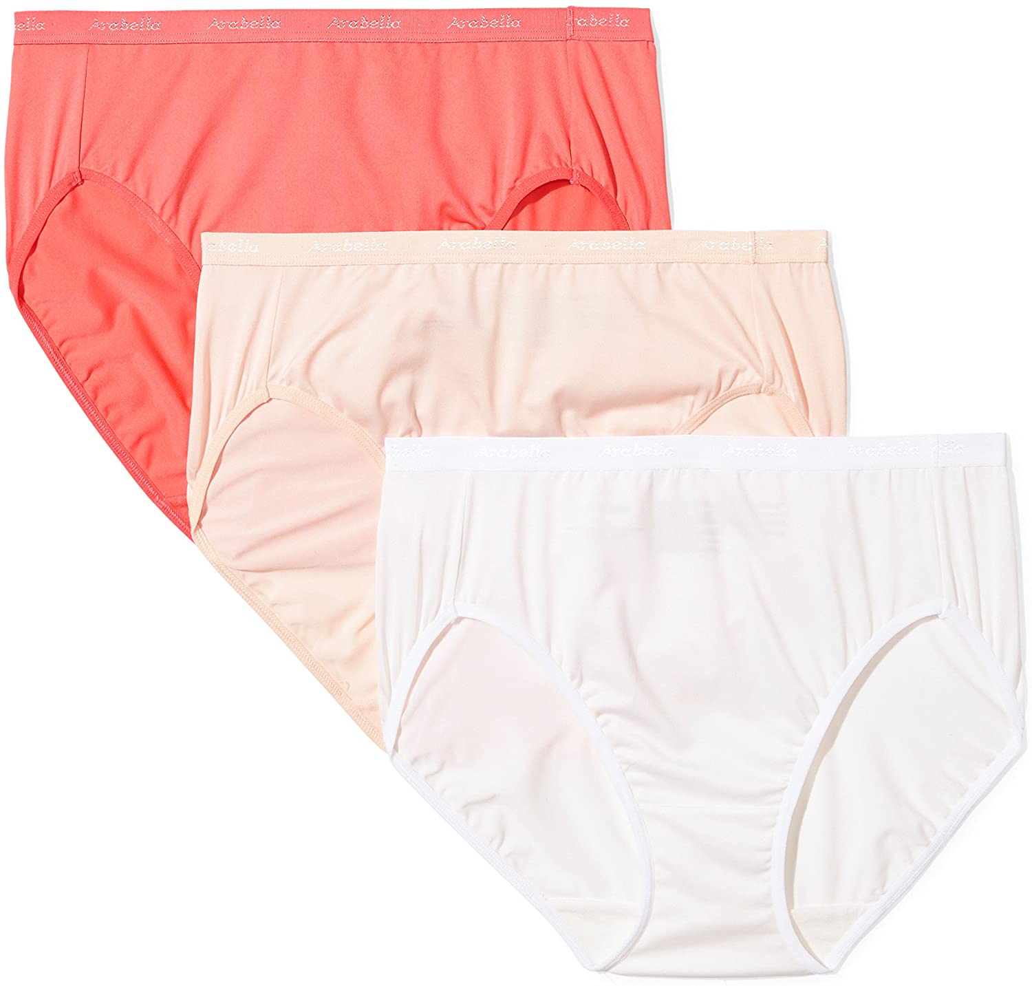 Price:$11.00    Amazon Brand - Arabella Women's Plus Size Microfiber Hi Cut Brief Panty, 3 Pack, White/Creole Pink/Calypso Coral, 1X Plus  Clothing
