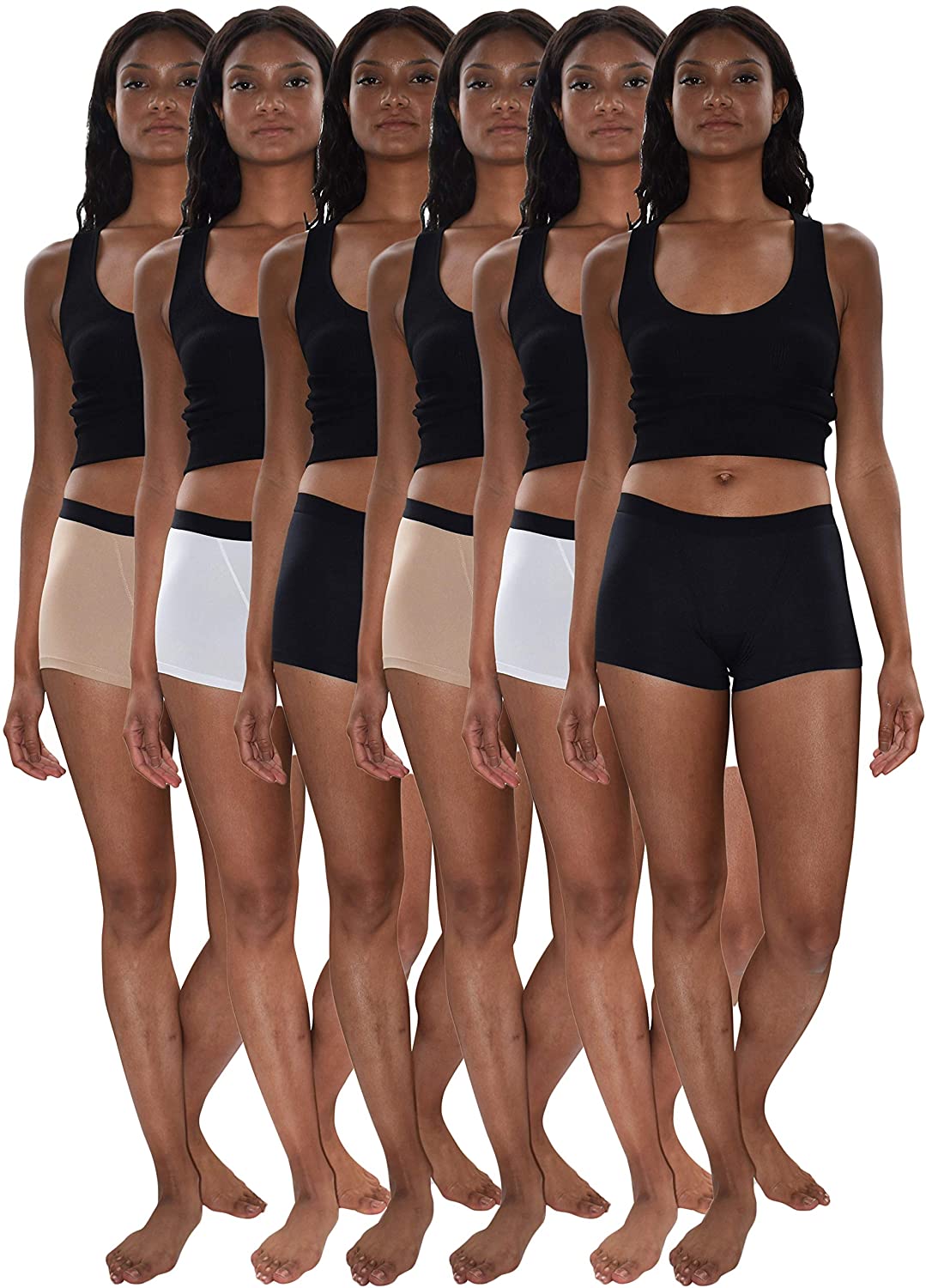 Price:$19.99 Sexy Basics Women's 6 & 12 Pack Modern Active Boy Short Boxer Brief Panties (6 Pack- BLACK / WHITE/ KHAKI NUDE, 4XL) at Amazon Women’s Clothing store