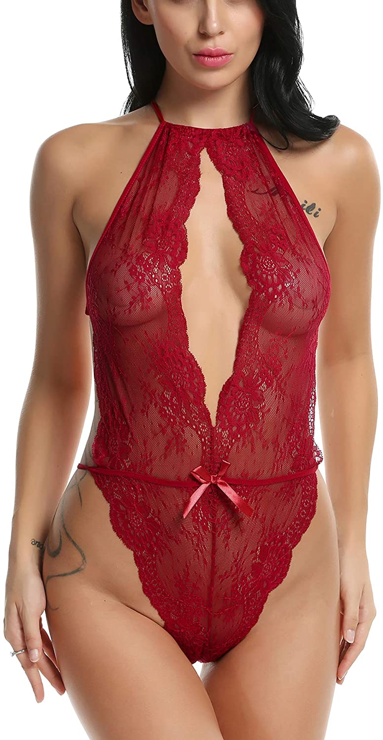 Price:$13.29 Avidlove Lingerie for Women Lace Teddy One Piece Halter Babydoll Lace Bodysuit Wine Red Large at Amazon Women’s Clothing store