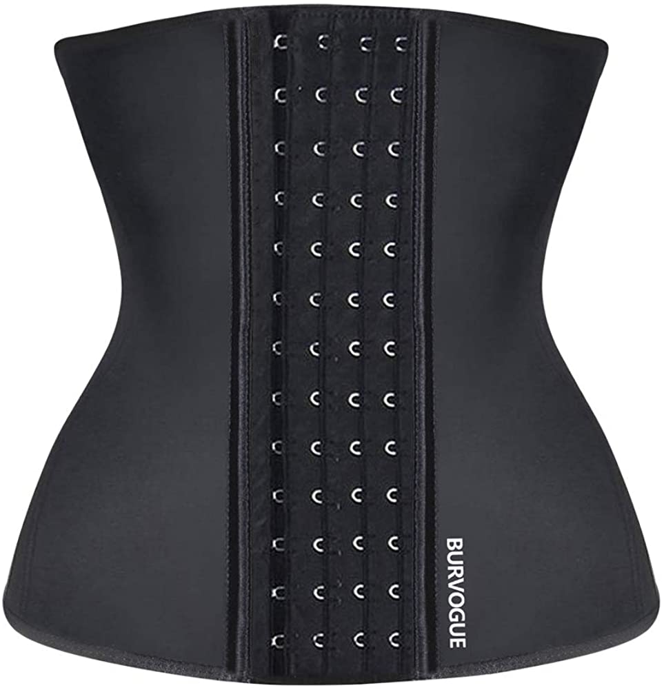 Price:$24.99 Burvogue Waist Trainer for Weight Loss-Women Trimmer Slimmer Belt Latex Corset Cincher Body Shaper at Amazon Women’s Clothing store