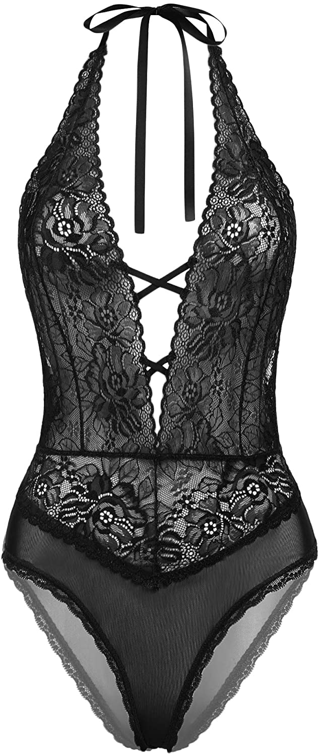 Price:$2.99 ELOVER Women Teddy Lingerie One Piece Deep V Babydoll Adjustable Bodysuit Embroidery Lace Halter Nightwear at Amazon Women’s Clothing store