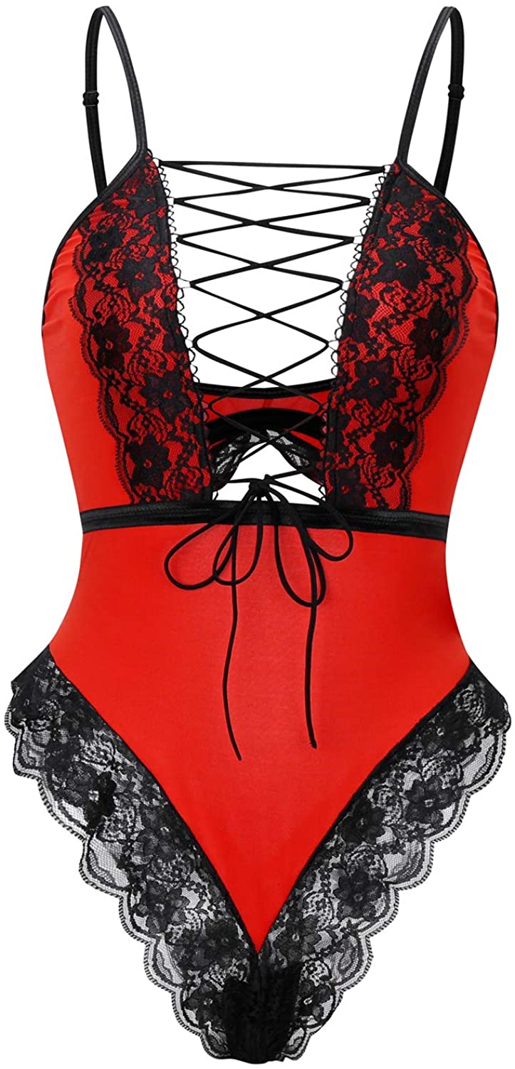 Price:$16.88    FlatterMe Women's Lingerie Red Backless Sexy Teddy Deep V Neckline Strappy Lace Trim Bodysuit  Clothing