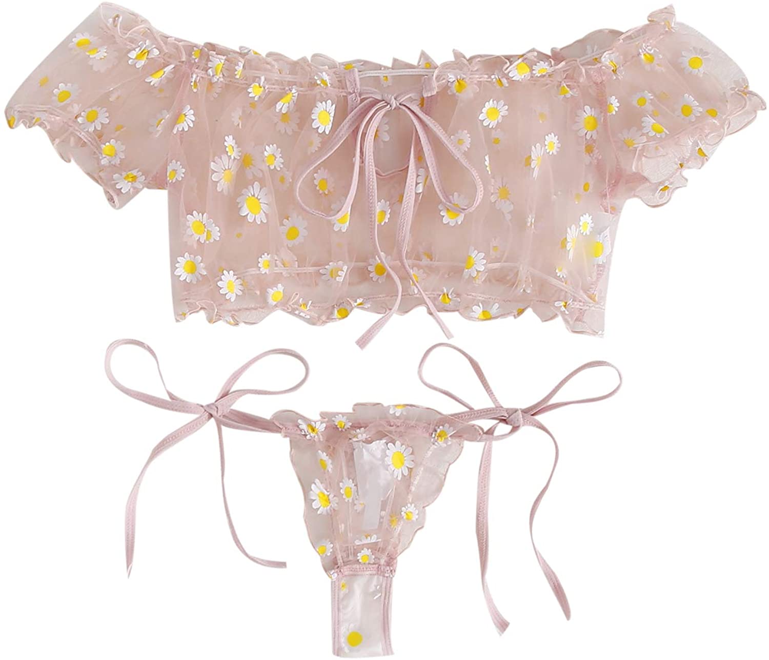 Price:$17.99    SheIn Women's Self Tie Daisy Floral Frill Trim Bardot Mesh Lingerie Set Sexy Pink Medium  Clothing