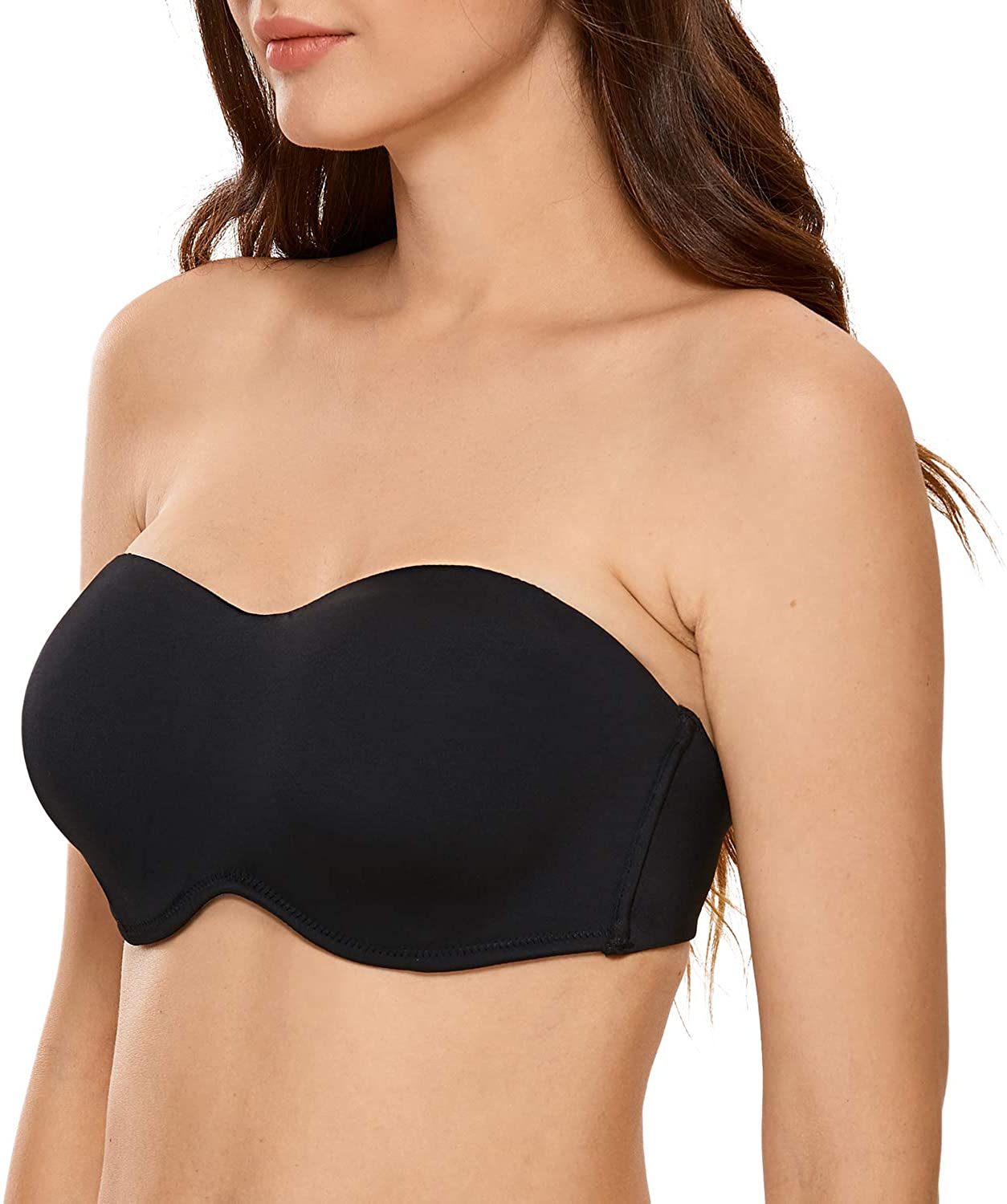 Price:$24.99 DELIMIRA Women's Seamless Underwire Bandeau Minimizer Strapless Bra for Large Bust at Amazon Women’s Clothing store