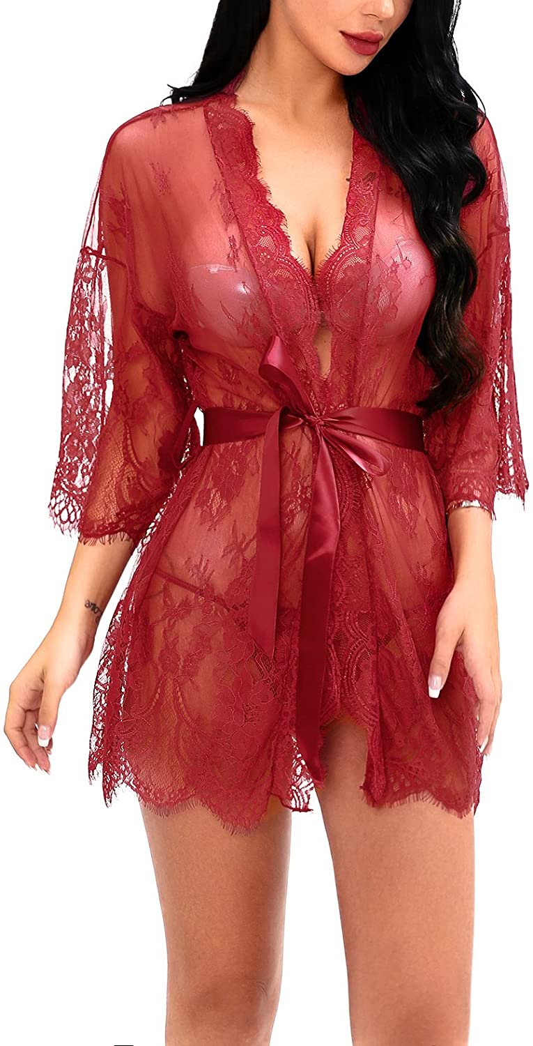 Price:$16.99    ALLUROMAN Women's Lace Kimonos Lingerie Sexy Mesh Babydoll Floral Robe Nightwear Wine Red XX-Large  Clothing