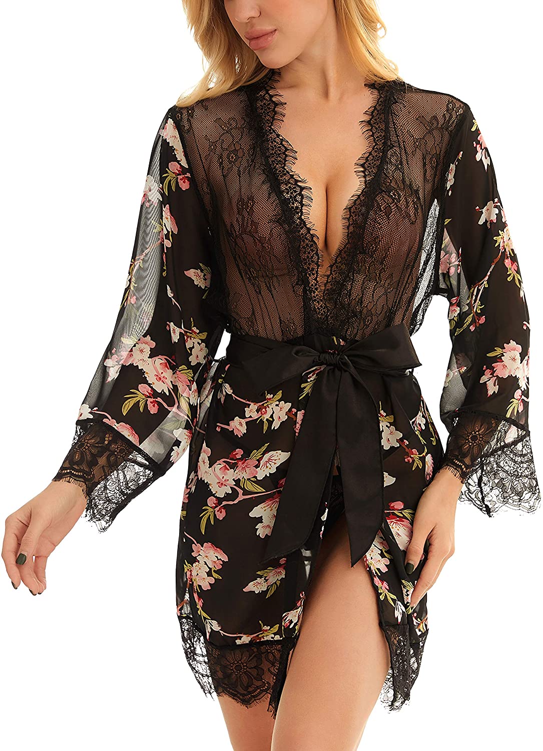 Price:$15.99 Lomitti Women's Printed Chiffon Lace Kimono Robe Sexy Nightgown Babydoll Lingerie (S, Black) at Amazon Women’s Clothing store