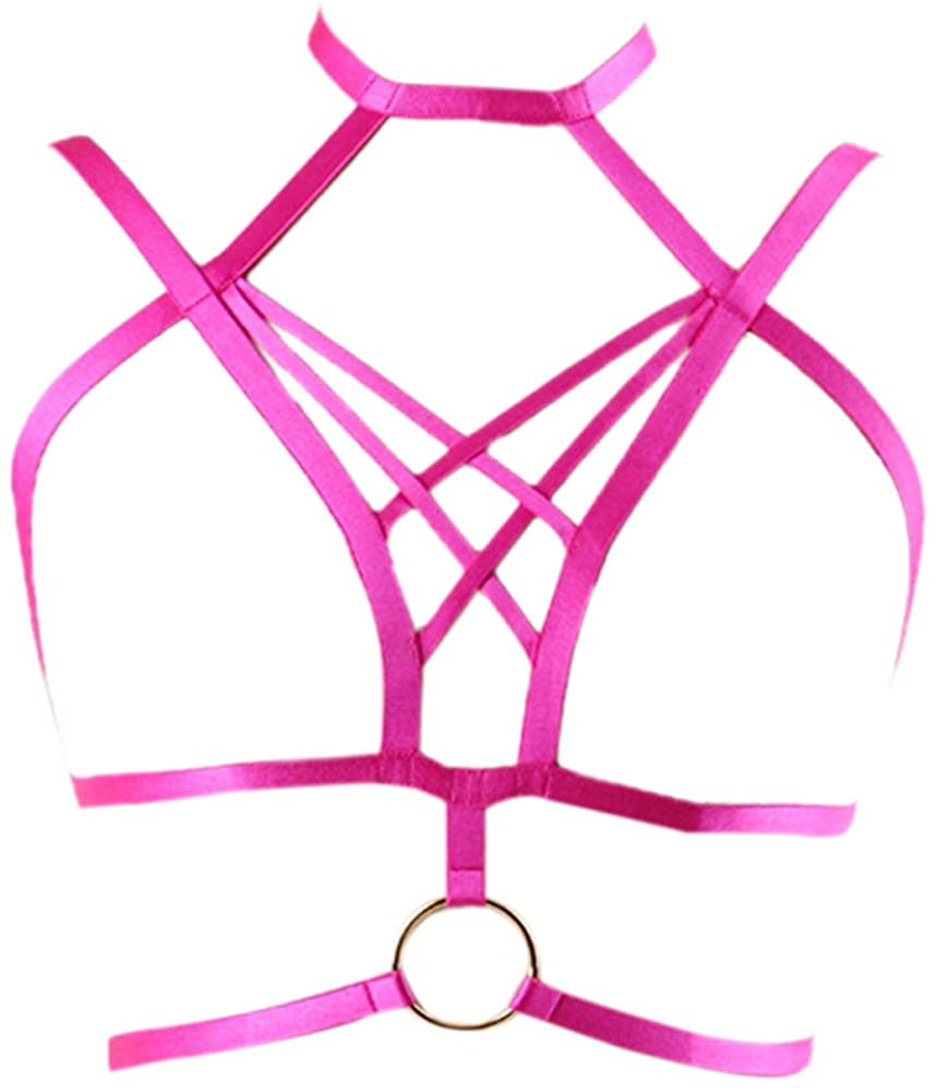 Price:$16.98 Rose red Women Body Harness Bra Adjust Strap Punk Plus Size Harness Tops at Amazon Women’s Clothing store