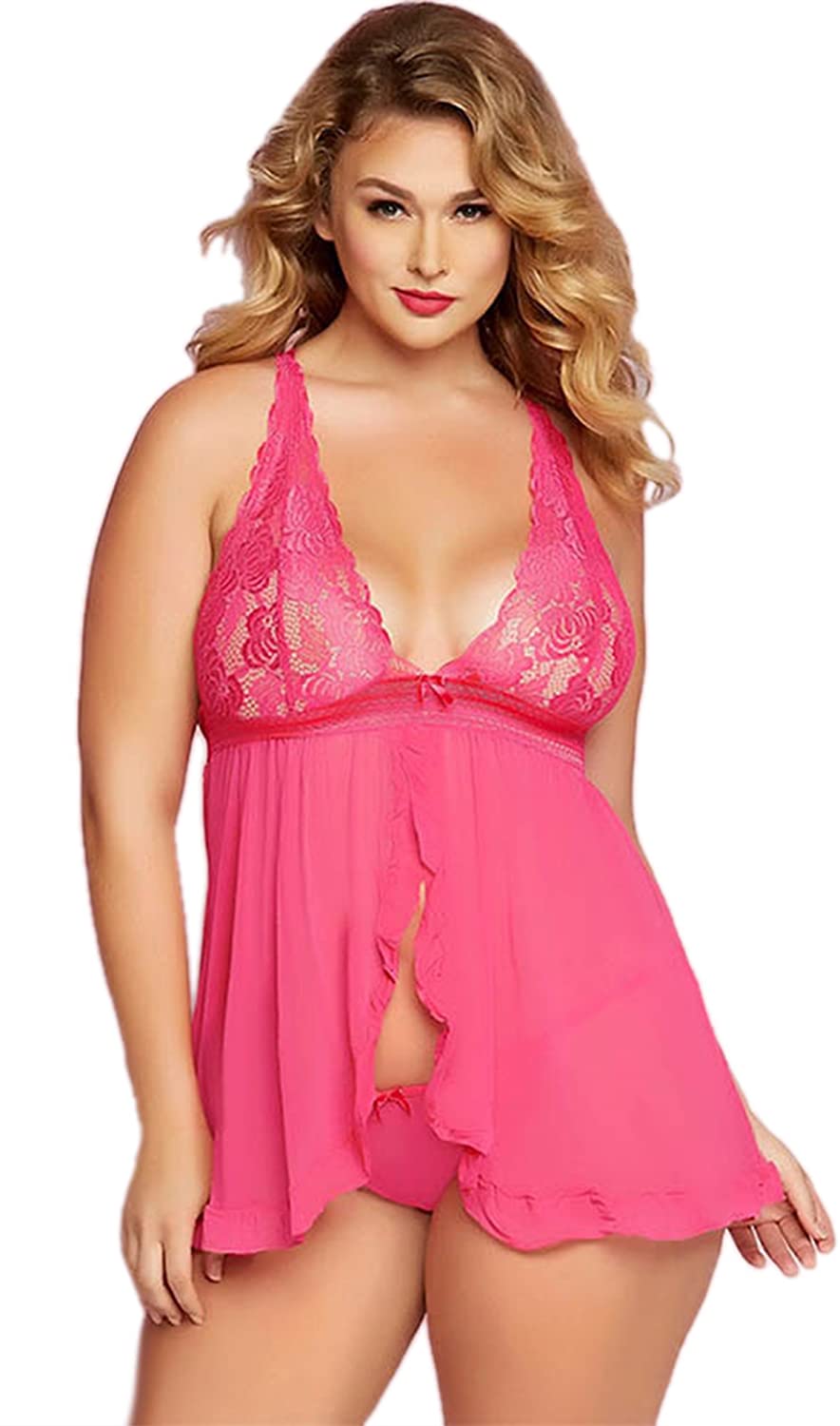 Price:$10.99 DotVol Women Lingerie Vintage Sheer Lace Flower Pattern Open Front Babydoll Sleepwear with G-String(US S/Tag M, Pink) at Amazon Women’s Clothing store
