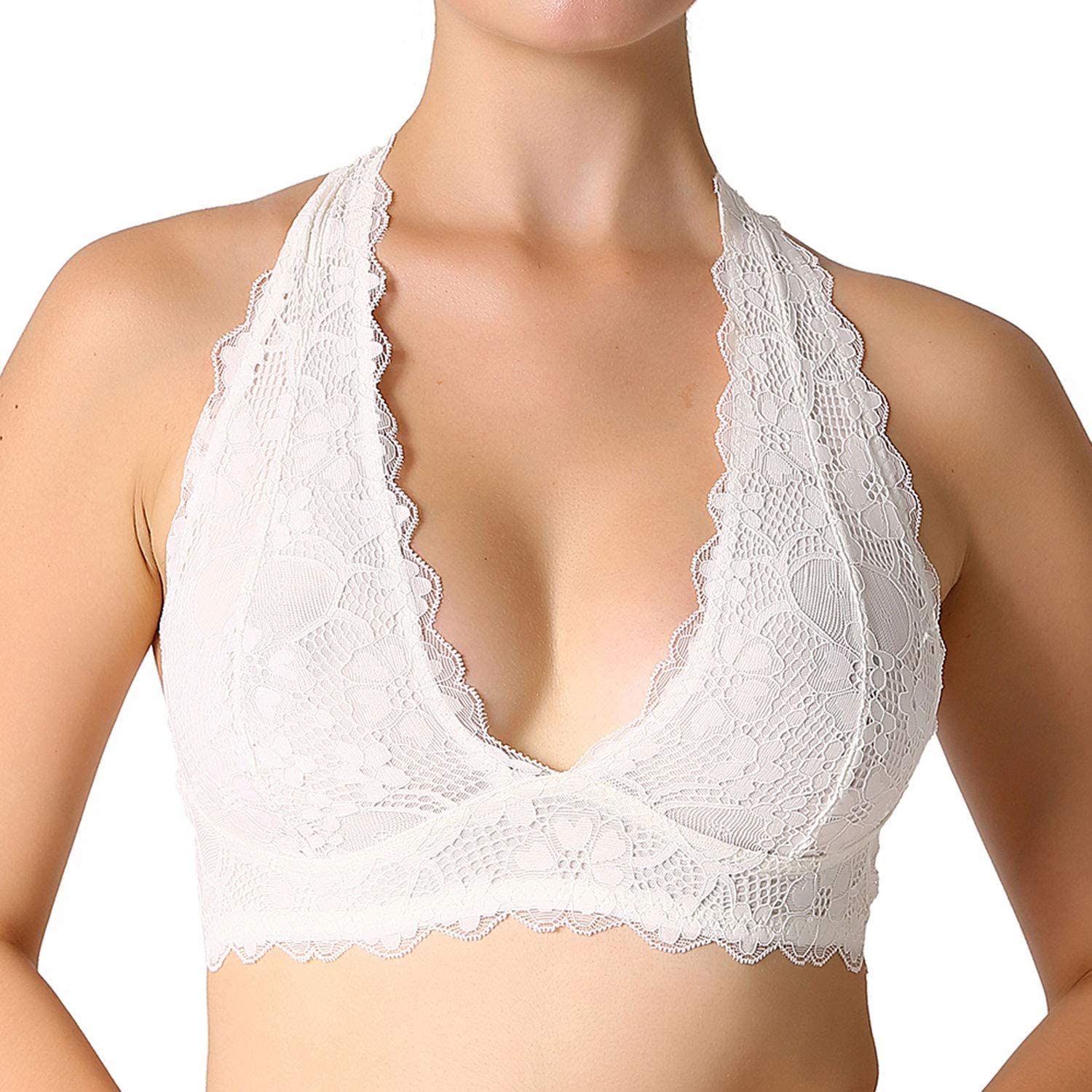 Price:$14.59 JOJOANS Halter Lace Bralette Unpadded Wireless Sheer Bra Bustier Full Coverage Lingerie at Amazon Women’s Clothing store