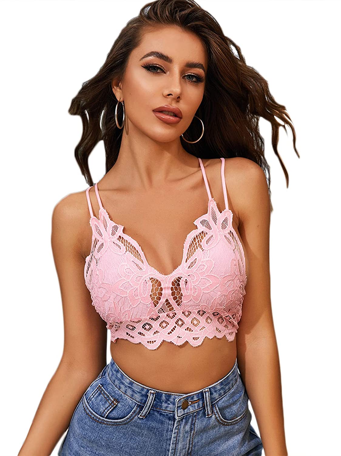 Price:$16.99 SheIn Women's Criss Cross Back Lace Bra Deep V Sexy Scalloped Strappy Bralette at Amazon Women’s Clothing store