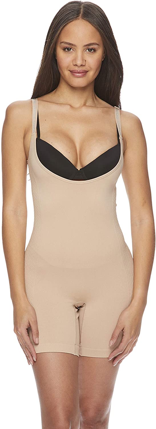Price:$9.99 bebe Womens Body Shaper Tag Free Strapless Cupped Mid-Thigh Bodysuit (Wear Your Own Bra) at Amazon Women’s Clothing store