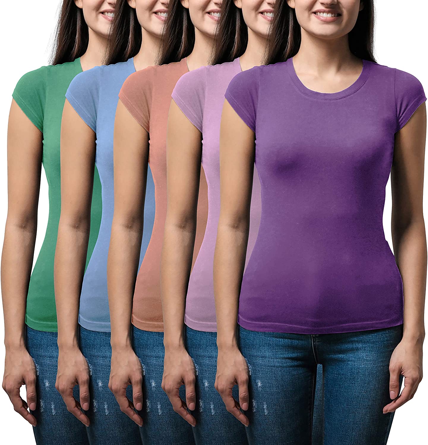 Price:$23.99 Sexy Basics Women's 5 Pack & 10 Pack Casual & Active Basic Cotton Stretch Color T Shirts at Amazon Women’s Clothing store
