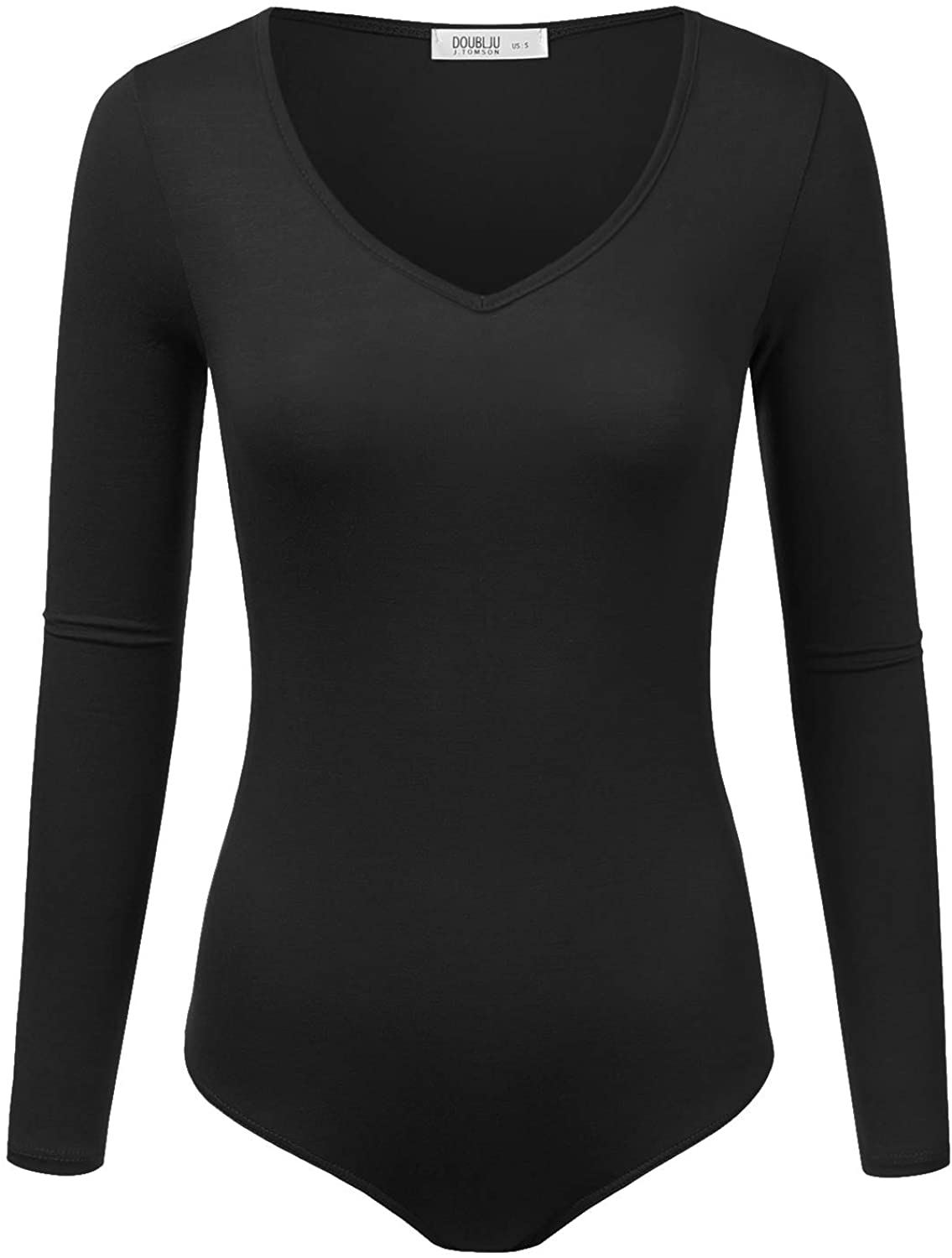 Price:$14.99 Doublju Womens Stretchy V-Neck Soft Knit Bodysuit with Plus Size at Amazon Women’s Clothing store