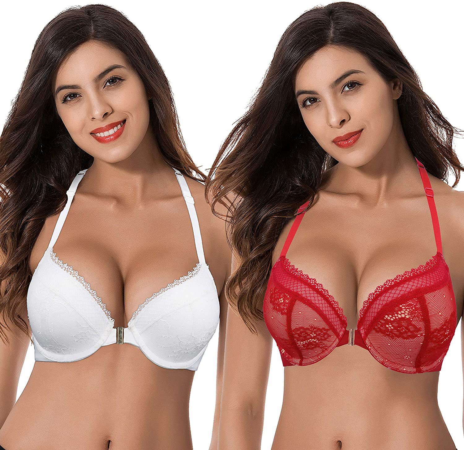 Price:$35.99 Curve Muse Womens Plus Size Add 1 Cup Push Up Underwire Halter Front Close Bras-2PK-RED, WHITE-42DDD at Amazon Women’s Clothing store