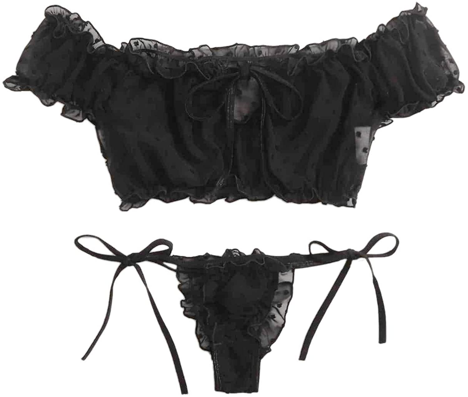 Price:$15.89    ReneeCho Women's Lingerie Set Self Tie Ruffle Trim Dobby Mesh Sexy Bra and Panty  Clothing
