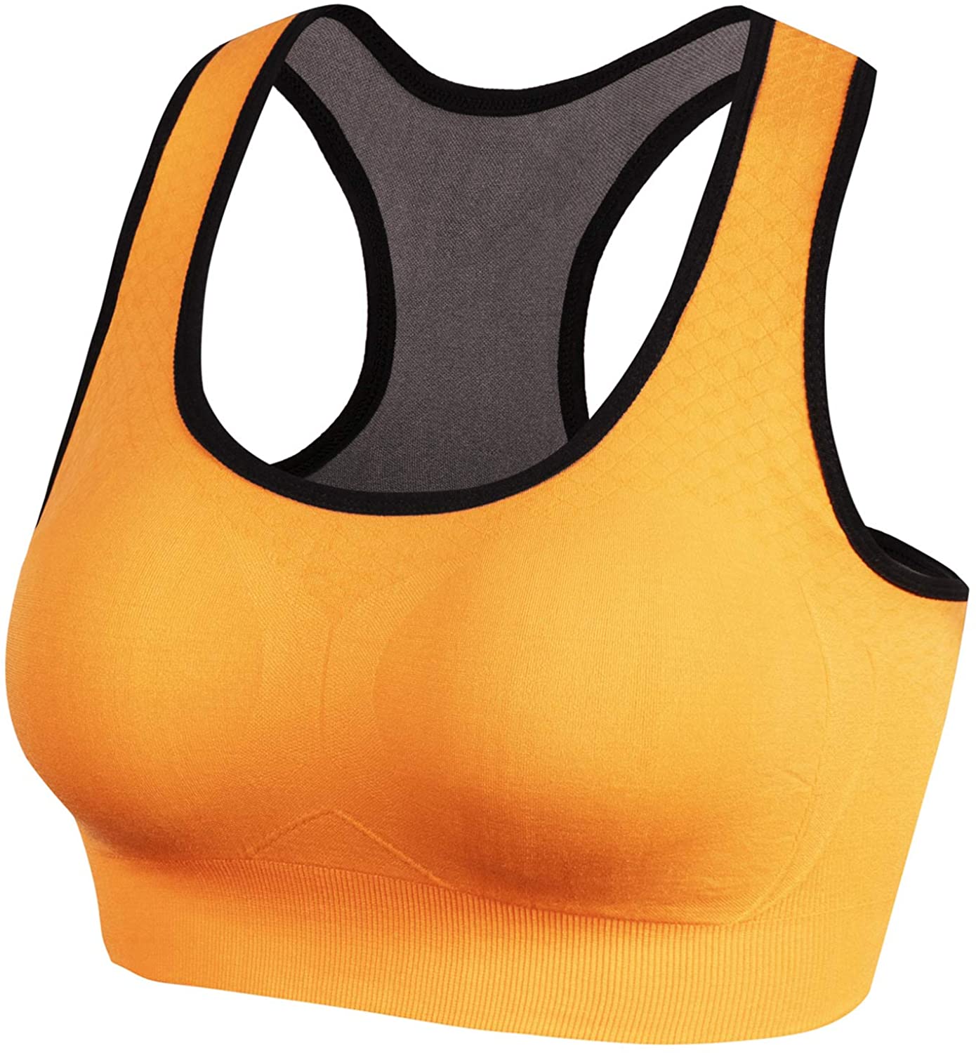 Price:$11.99 Lykoxa Racerback Sports Bras, Seamless Comfortable Med Support Yoga Bra with Removable Pads for Women Orange at Amazon Women’s Clothing store