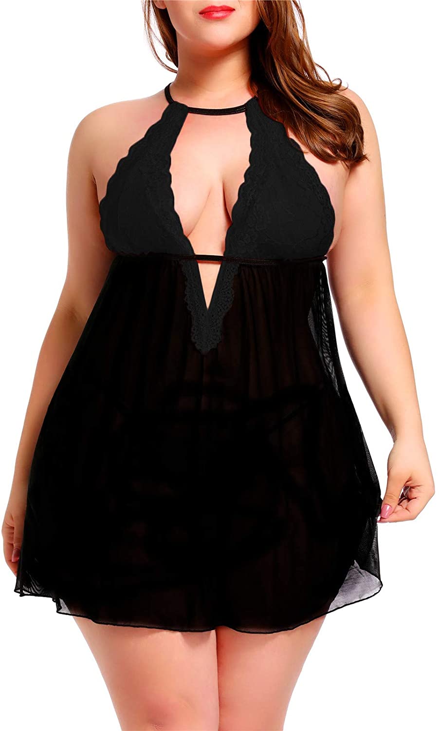 Price:$15.88 AdoreShe Women's Plus Size Lingerie Sexy Lace Babydoll Mesh Strap Chemise Halter V Neck Sleepwear (Q033, Black, 4X) at Amazon Women’s Clothing store