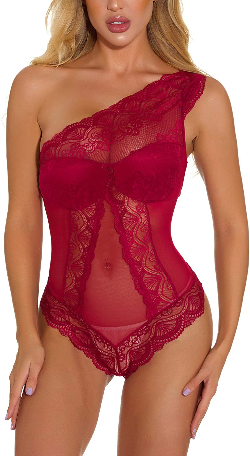 Price:$15.99    Women One Shoulder Teddy Lingerie One Piece Babydoll Mini Bodysuit Red  Clothing