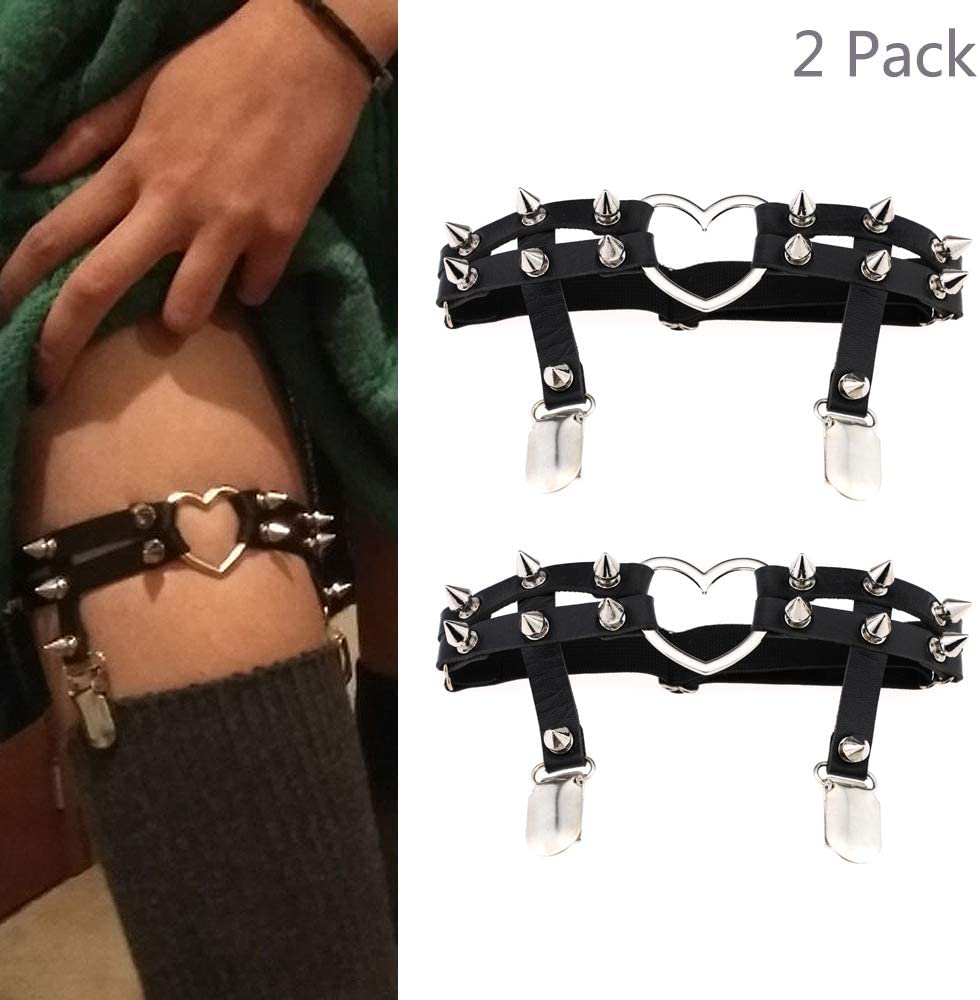 Price:$14.49    Jurxy 1 Pair Gothic Studded Heart Garters Leg Ring Leg Elastic Punk Harness Garter Belt Adjustable Suspender with 2 Metal Clips – Black  Clothing