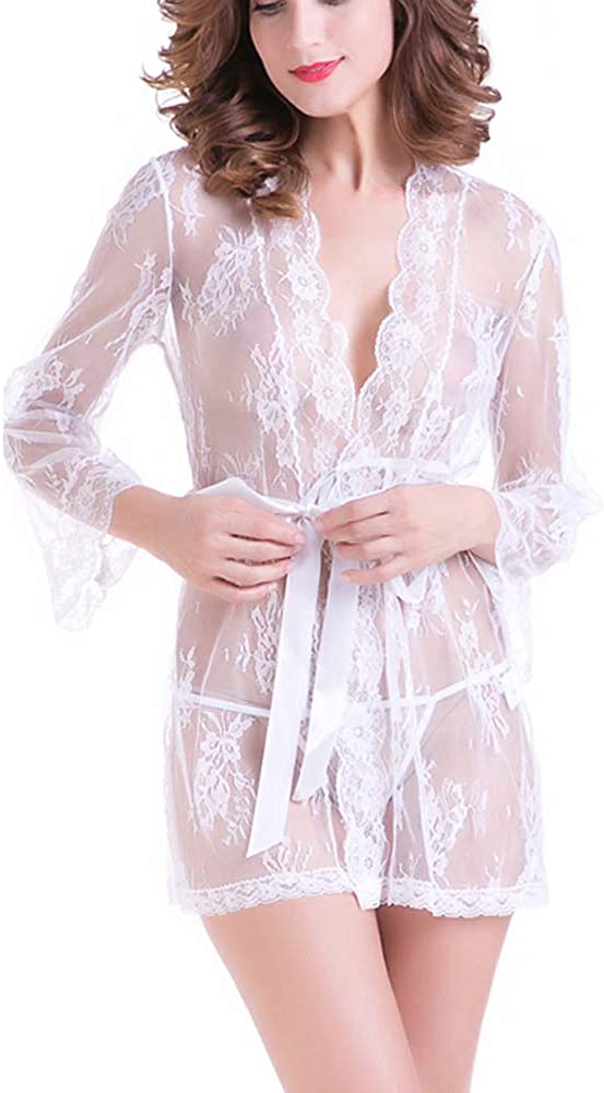 Price:$10.99 SOUBUN Translucent Sexy Lace Kimono Robe Babydoll Lingerie Lounge Dress Mesh Nightgown Lingerie Sleepwear Chemise for Women at Amazon Women’s Clothing store