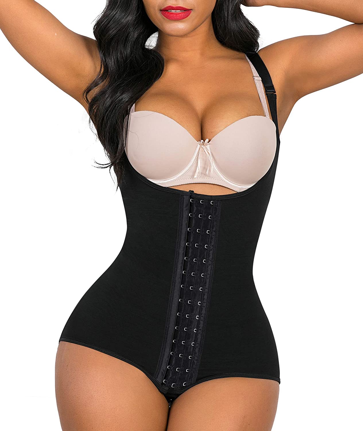 Price:$19.99 SHAPERX Womens Shapewear Fajas Tummy Control Bodysuit Thong Slimming Body Shaper Front Hook at Amazon Women’s Clothing store