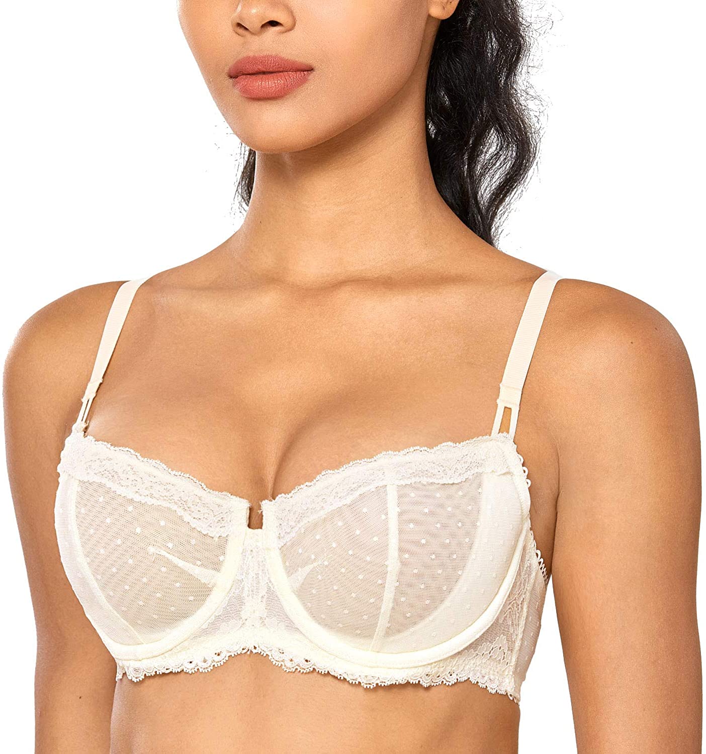 Price:$19.95 DOBREVA Women's Sexy Lace Unlined Underwire Balconette See Through Sheer Bra at Amazon Women’s Clothing store